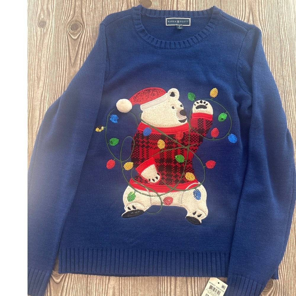 Karen Scott Polar Bear Christmas Lights Blue Sweater Women's Small NWT